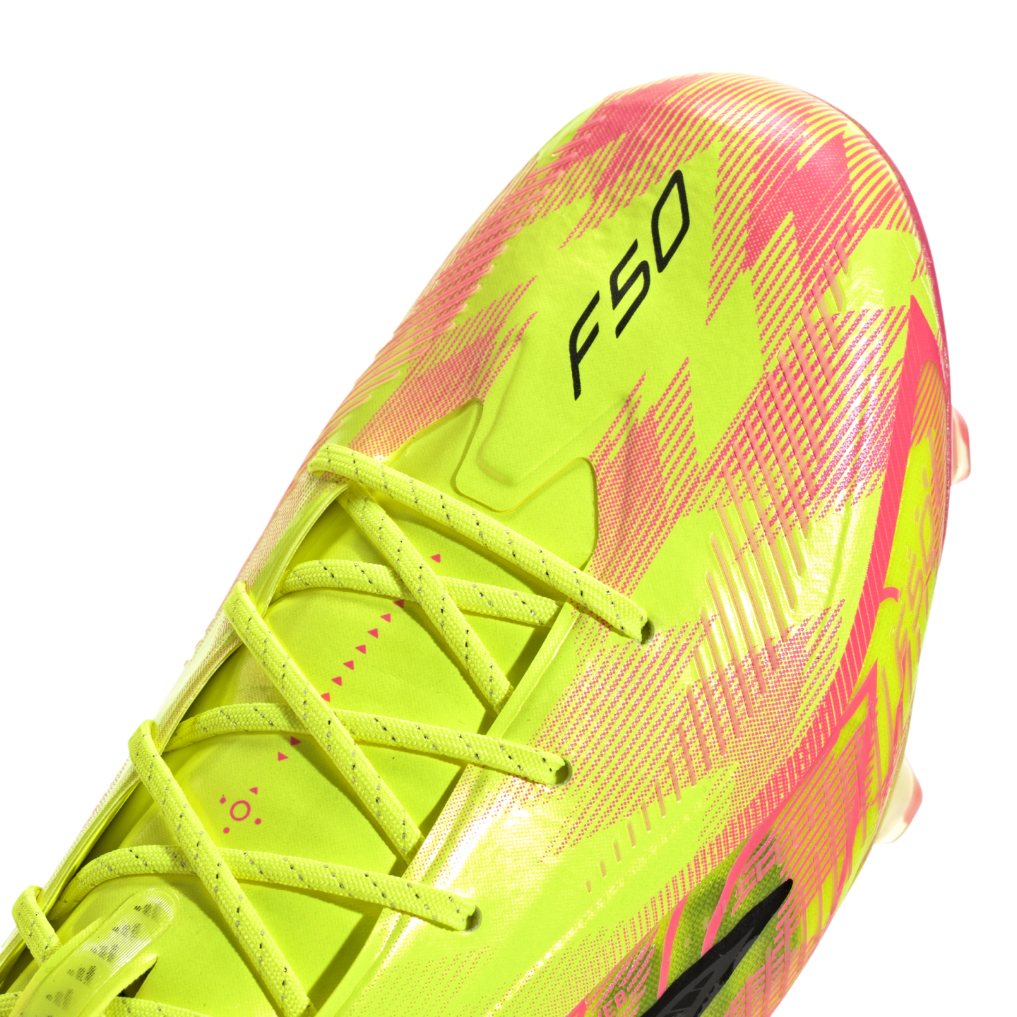 Close-up of a neon yellow and pink soccer cleat with black "F50" branding and matching yellow laces.