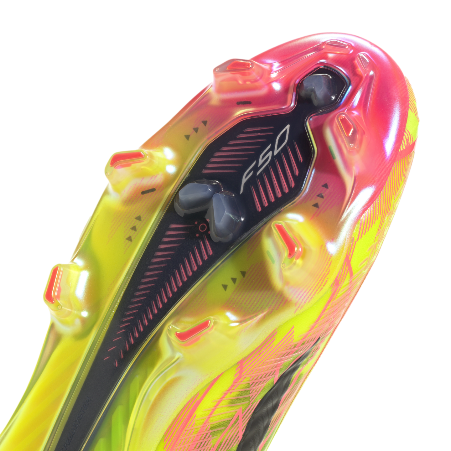 Close-up of the vibrant yellow and pink soleplate of an F50 soccer cleat, showcasing its technical stud layout and branding.