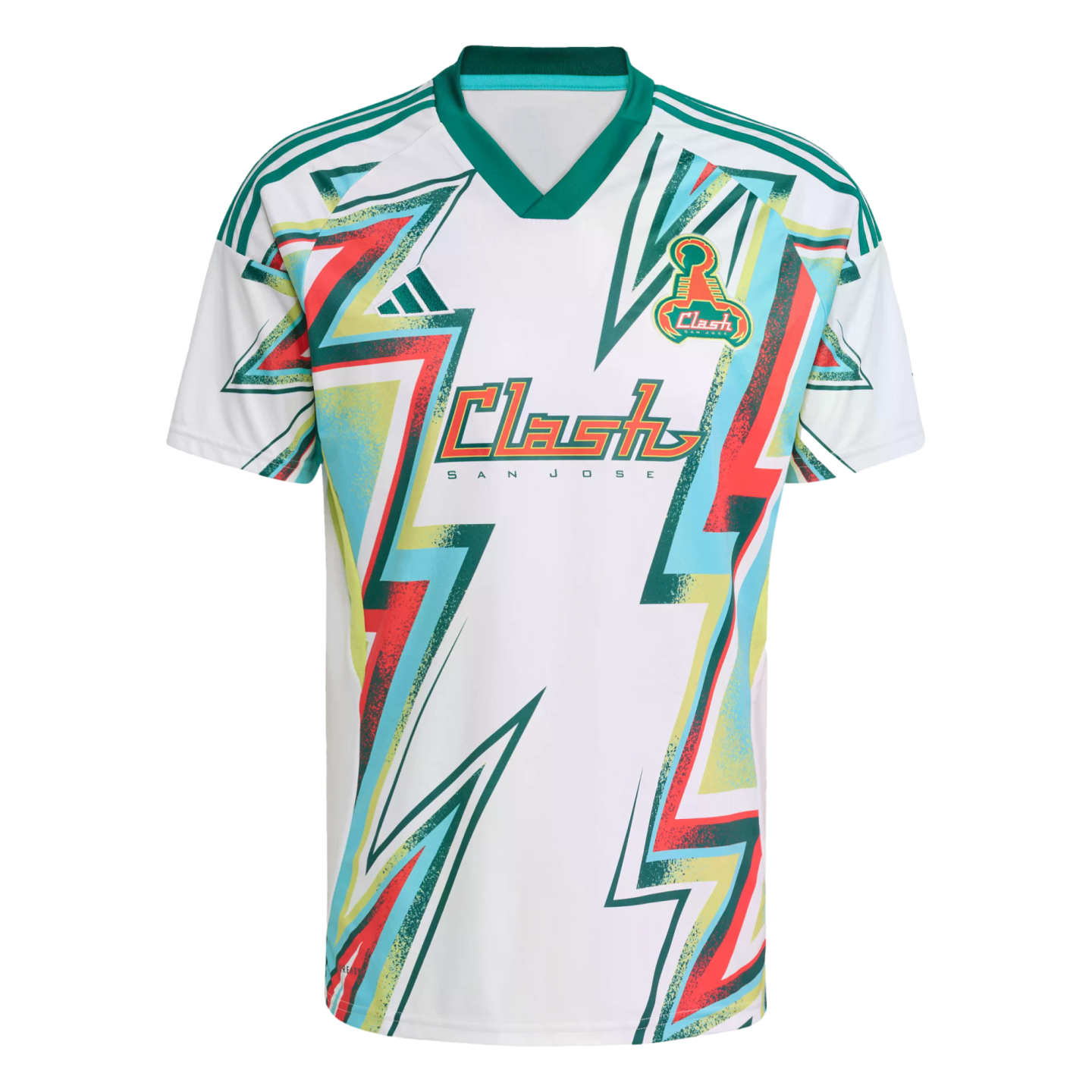 A white San Jose Clash soccer jersey with vibrant teal, red, and yellow lightning bolt patterns and the retro team logo on the chest.
