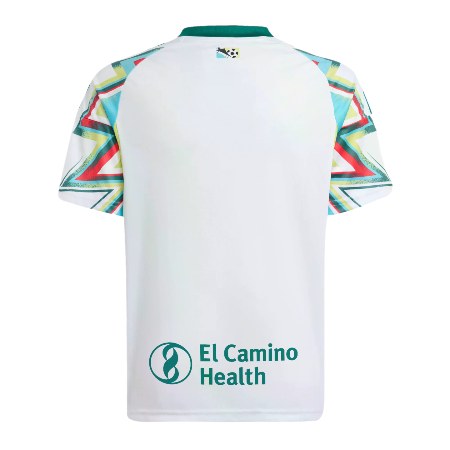 Back view of a white soccer jersey with colorful geometric patterned sleeves, a teal collar, and "El Camino Health" printed in teal at the bottom.