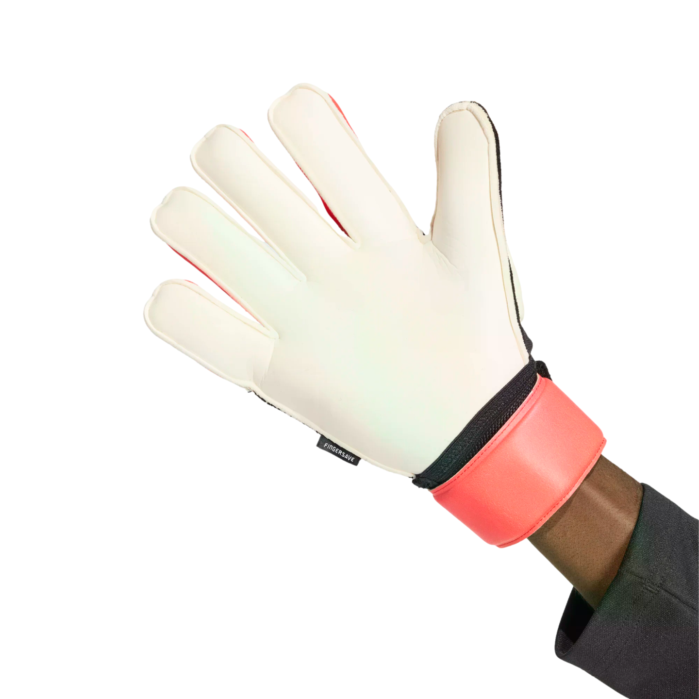 A person wearing a white goalkeeper glove with a bright coral wrist strap, shown against a white background.