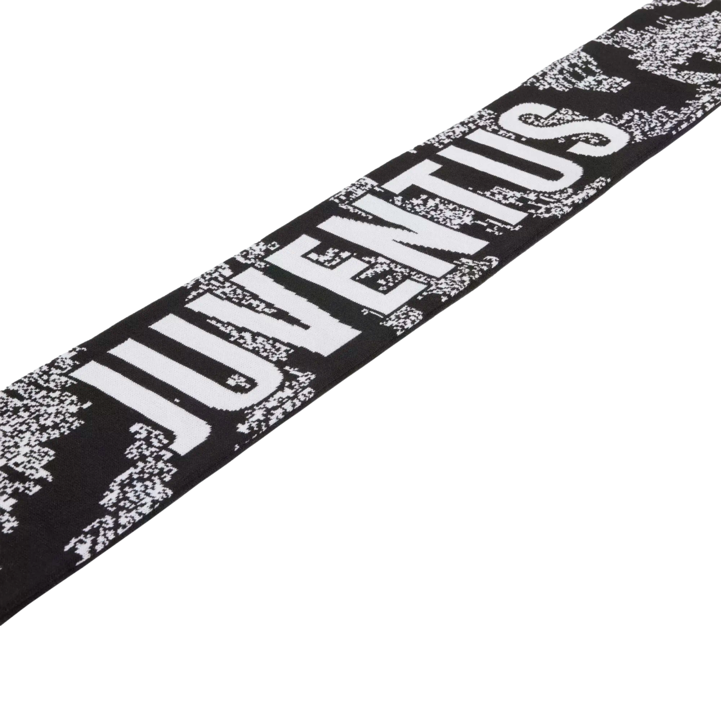 A black scarf featuring "JUVENTUS" in large white block letters with a pixelated white pattern, laid out diagonally on a white background.