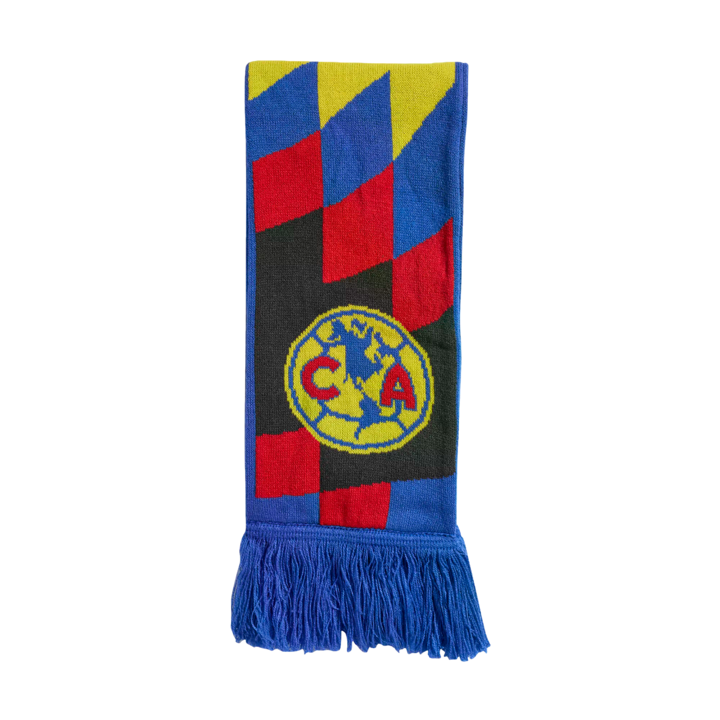 A Club América football scarf with a blue, red, and yellow geometric pattern, the team's circular crest, and blue fringes.