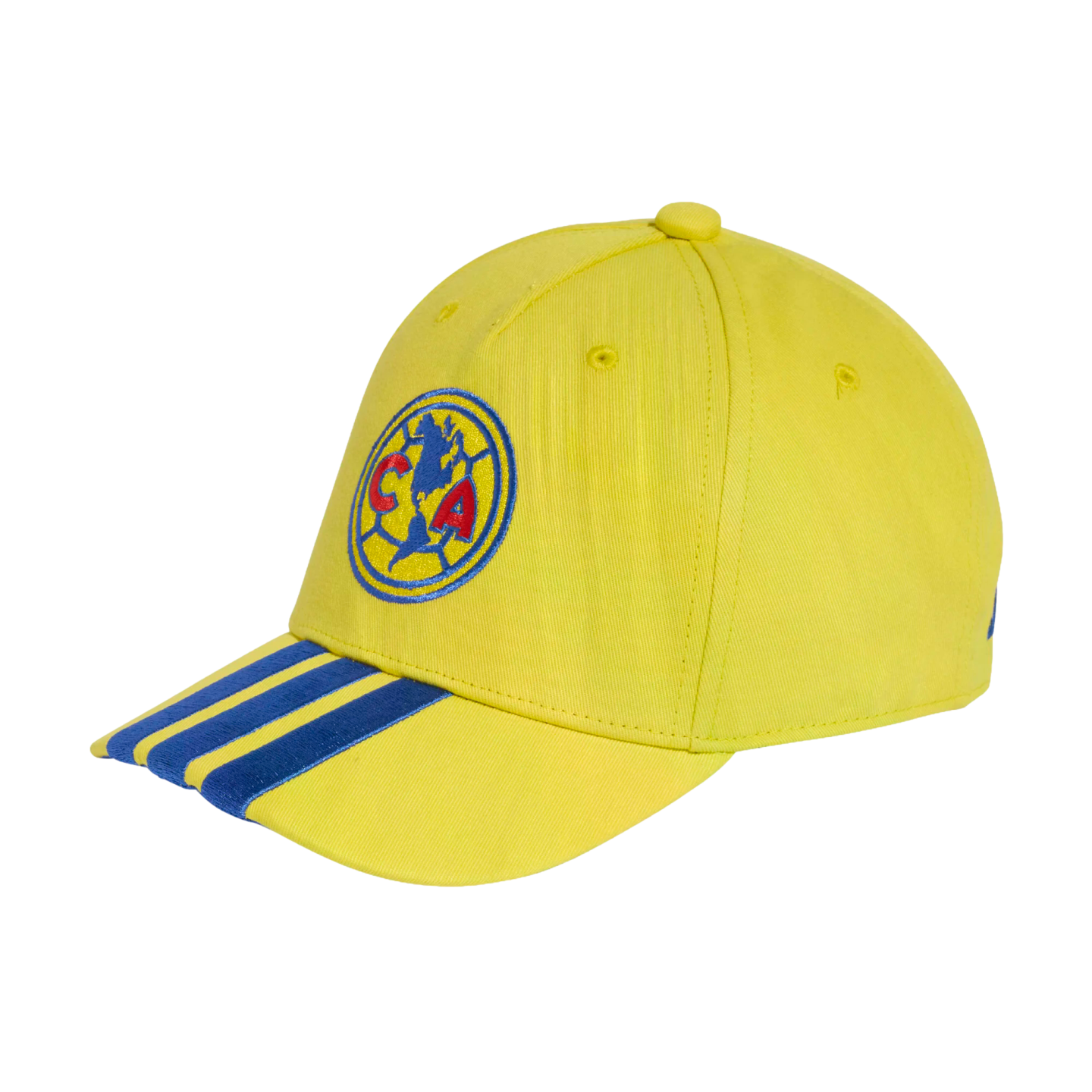 Yellow baseball cap with the Club América logo on the front and three blue stripes on the side of the brim.