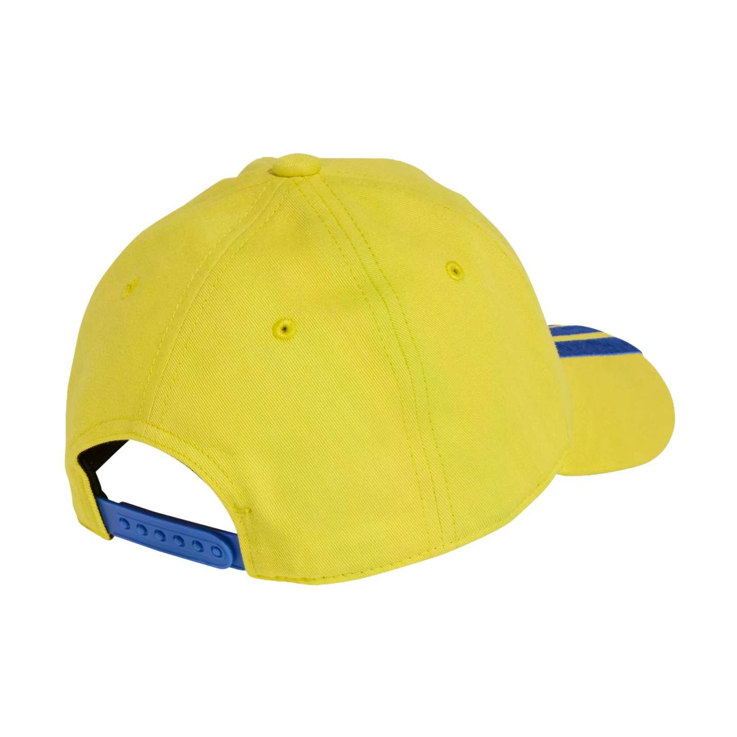Rear-facing view of a bright yellow six-panel baseball cap featuring blue stripes on the visor and a blue adjustable snapback strap.