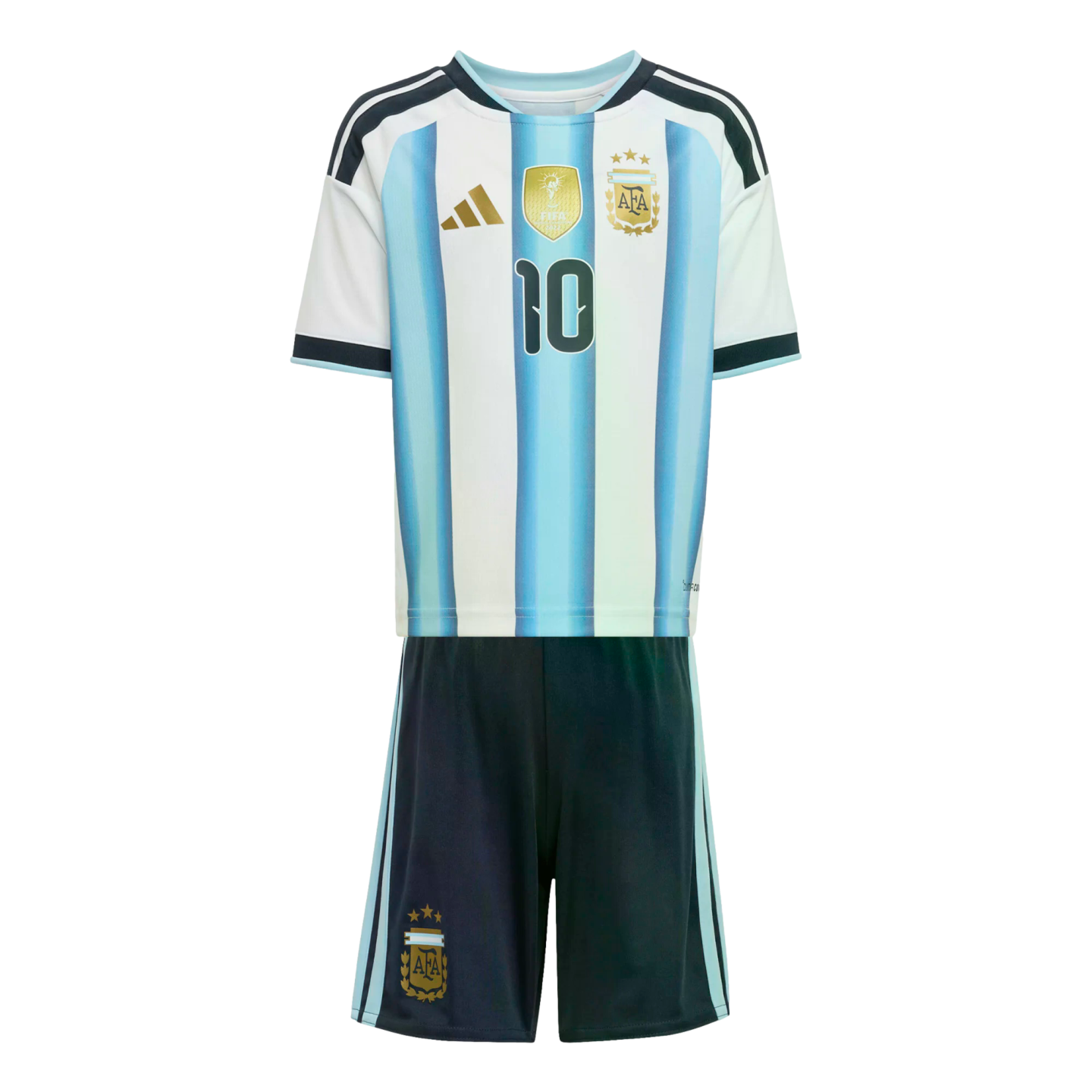 Kids' Argentina home kit: a light blue and white striped jersey with gold team badges and number 10, paired with matching black shorts.