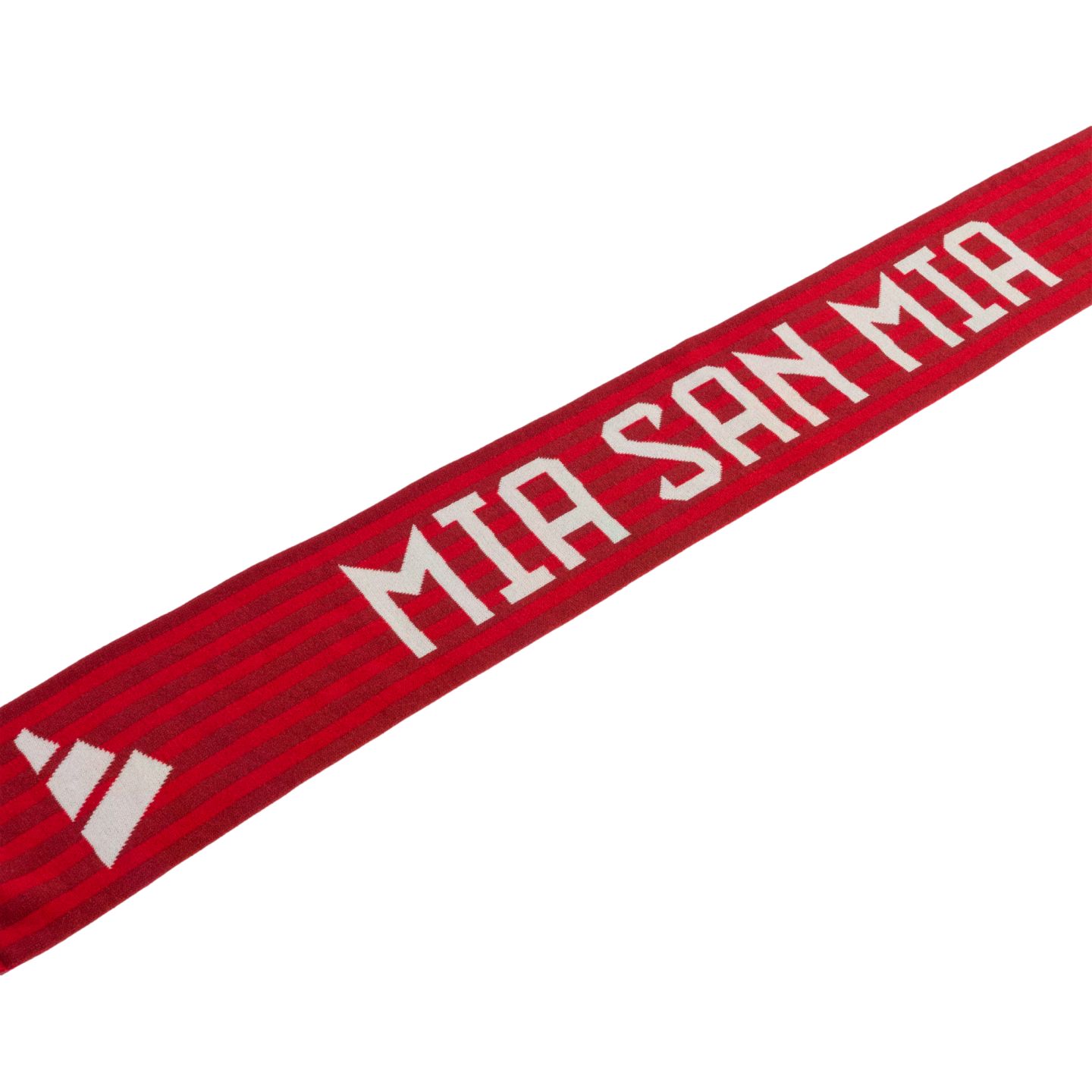 Red and dark red striped scarf featuring the white block-lettered motto "MIA SAN MIA" and a white three-stripe logo.