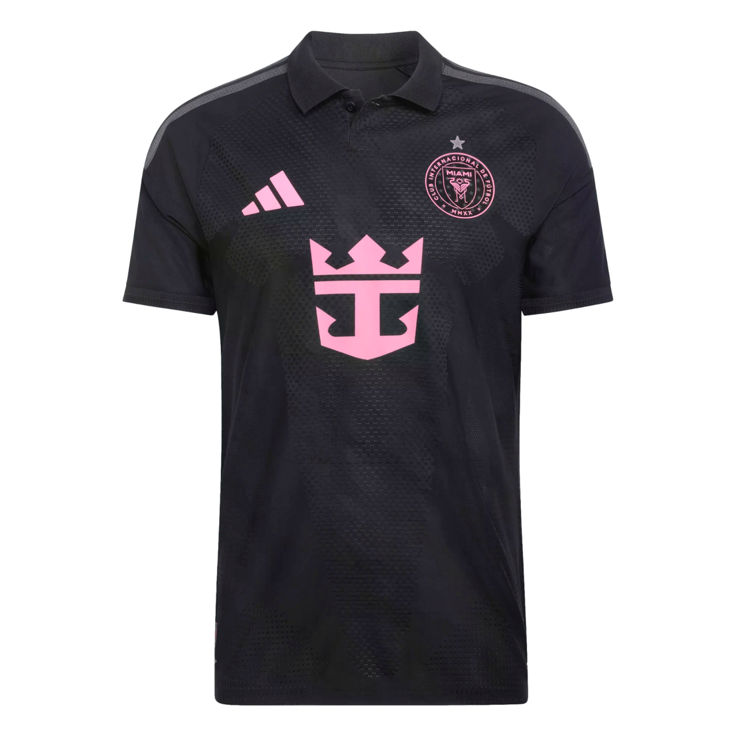 A black, short-sleeved Inter Miami CF away soccer jersey shown from the front. The jersey features a polo collar and bright pink accents, including the Adidas logo on the right chest, the club's circular crest on the left chest, and a large Royal Caribbea