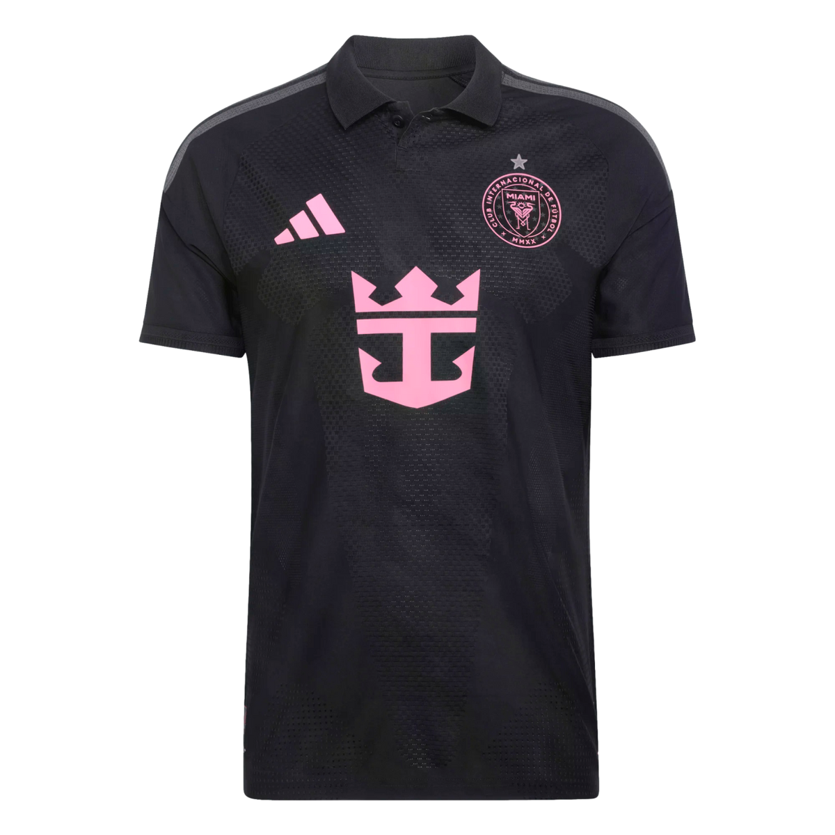 A black, short-sleeved Inter Miami CF away soccer jersey shown from the front. The jersey features a polo collar and bright pink accents, including the Adidas logo on the right chest, the club's circular crest on the left chest, and a large Royal Caribbea