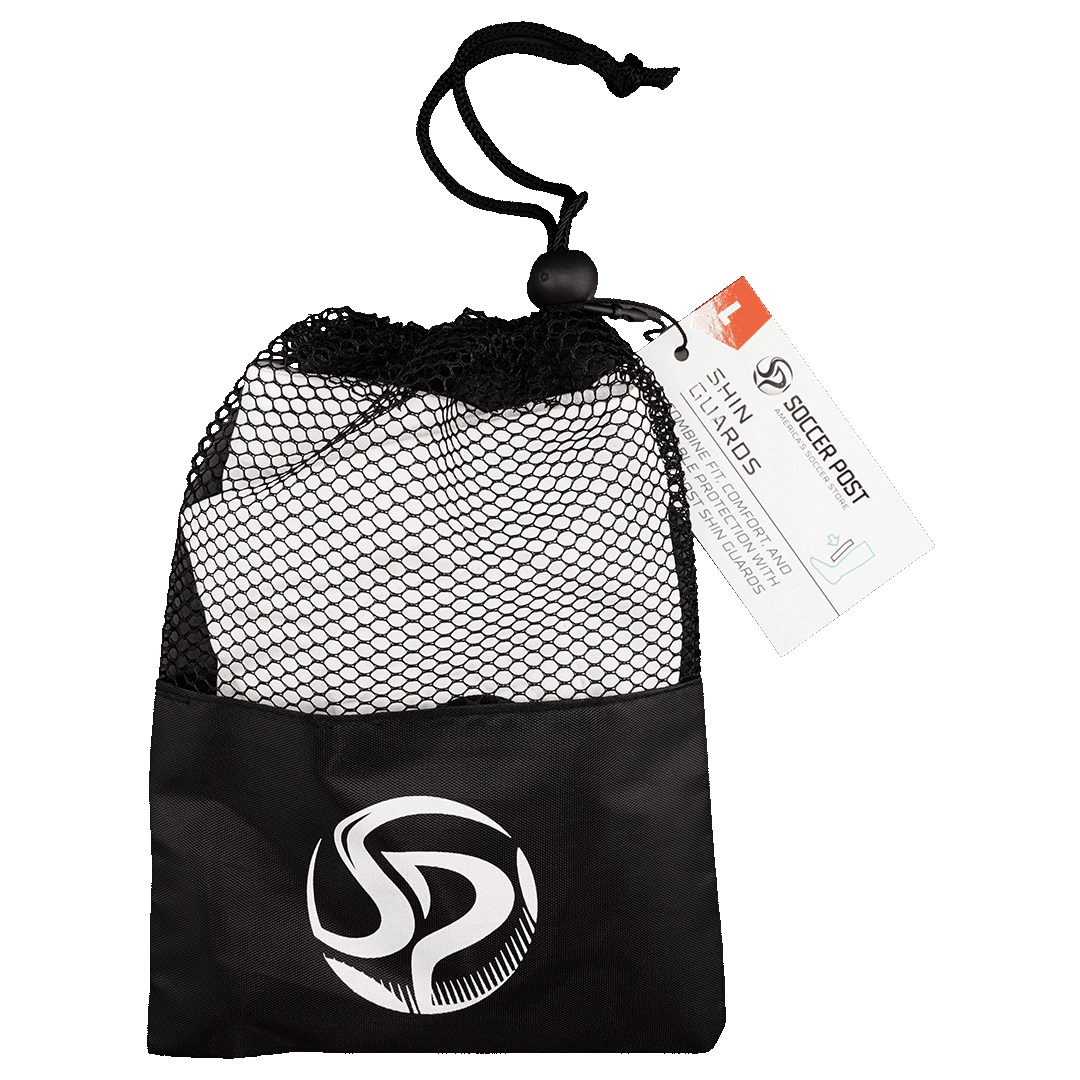 Soccer Post shin guards in a black mesh drawstring bag with a white "SP" logo on the front and a retail tag attached.