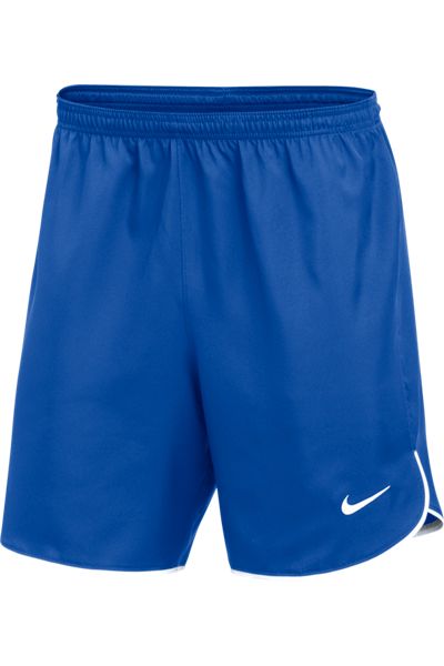 Royal blue Nike athletic shorts with an elastic waistband, white curved trim at the leg openings, and a white swoosh logo on the lower left leg.