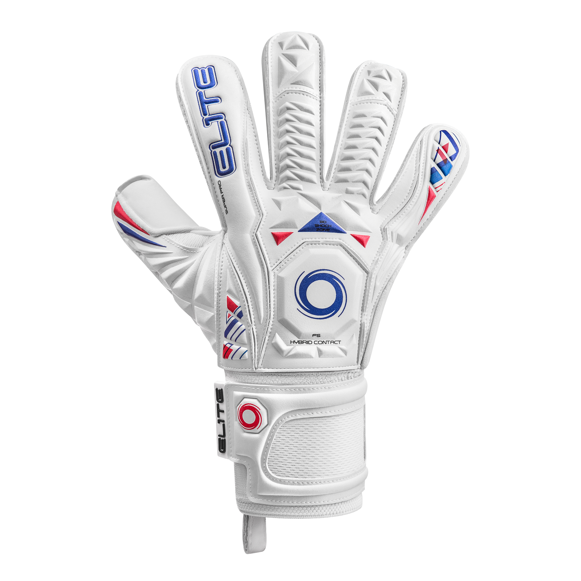 White soccer goalkeeper glove with blue and red accents, featuring textured punching zones and "ELITE" branding on the index finger and wrist strap.