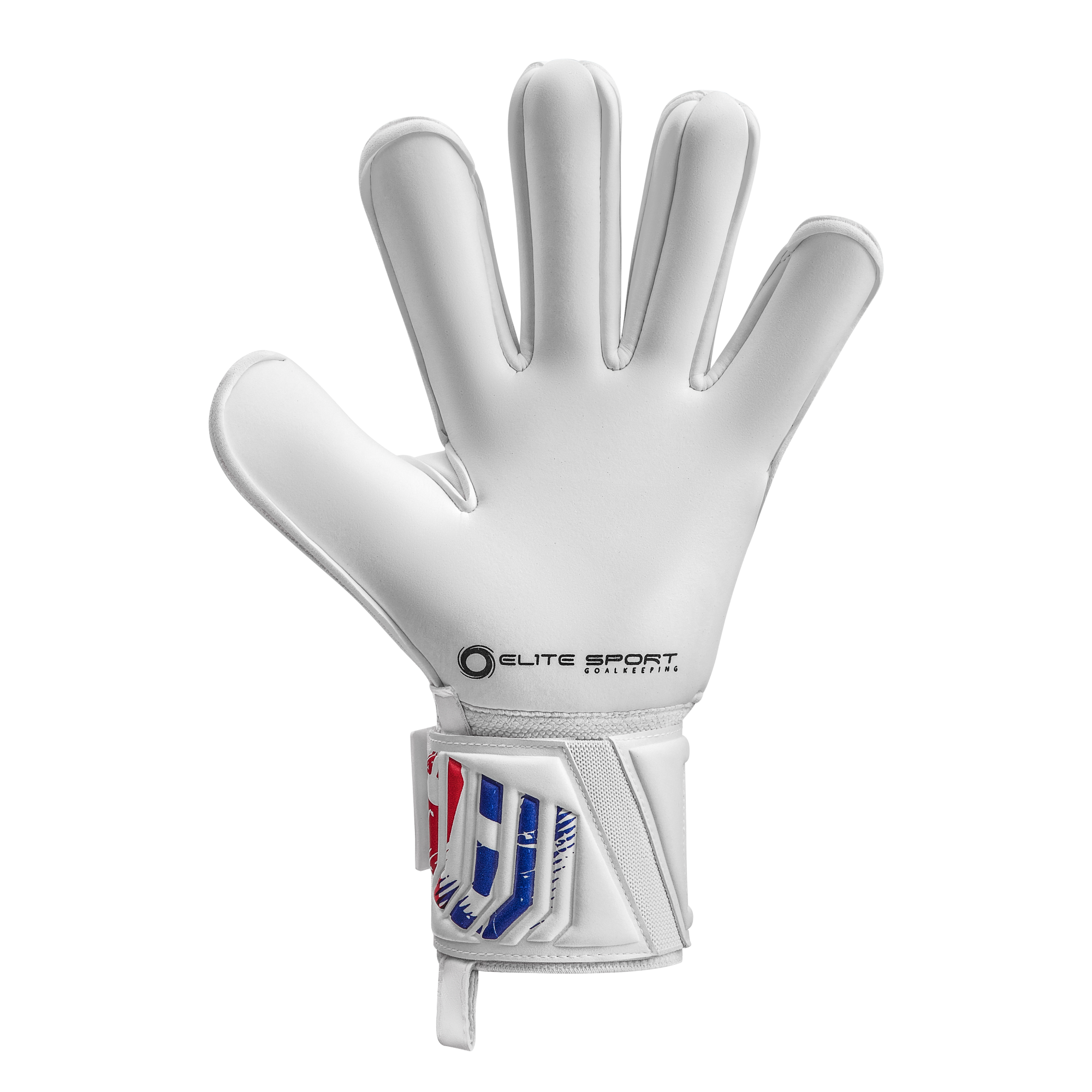 Palm-side view of a white Elite Sport goalkeeper glove with a red and blue graphic on the wrist strap, set against a white background.