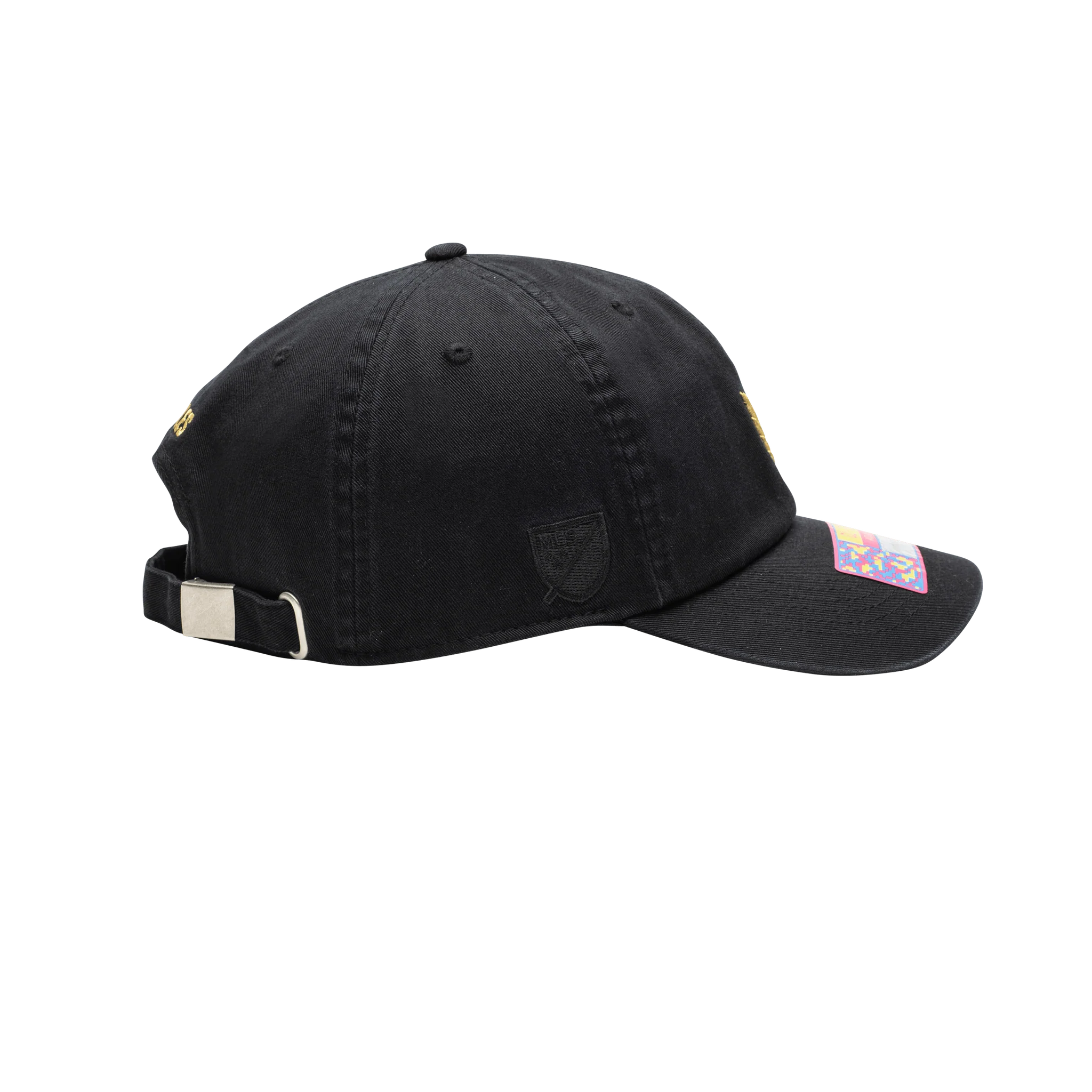 Side profile of the black Fan Ink Los Angeles FC Bambo Classic Hat, featuring a tonal embroidered crest on the side and an adjustable strap at the back.