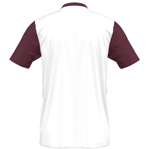 Back view of a white short-sleeved polo shirt featuring maroon sleeves and a maroon collar.