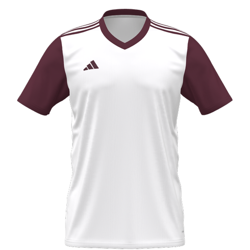 White Adidas soccer jersey with maroon short sleeves, a maroon V-neck collar, and maroon stripes on the shoulders.