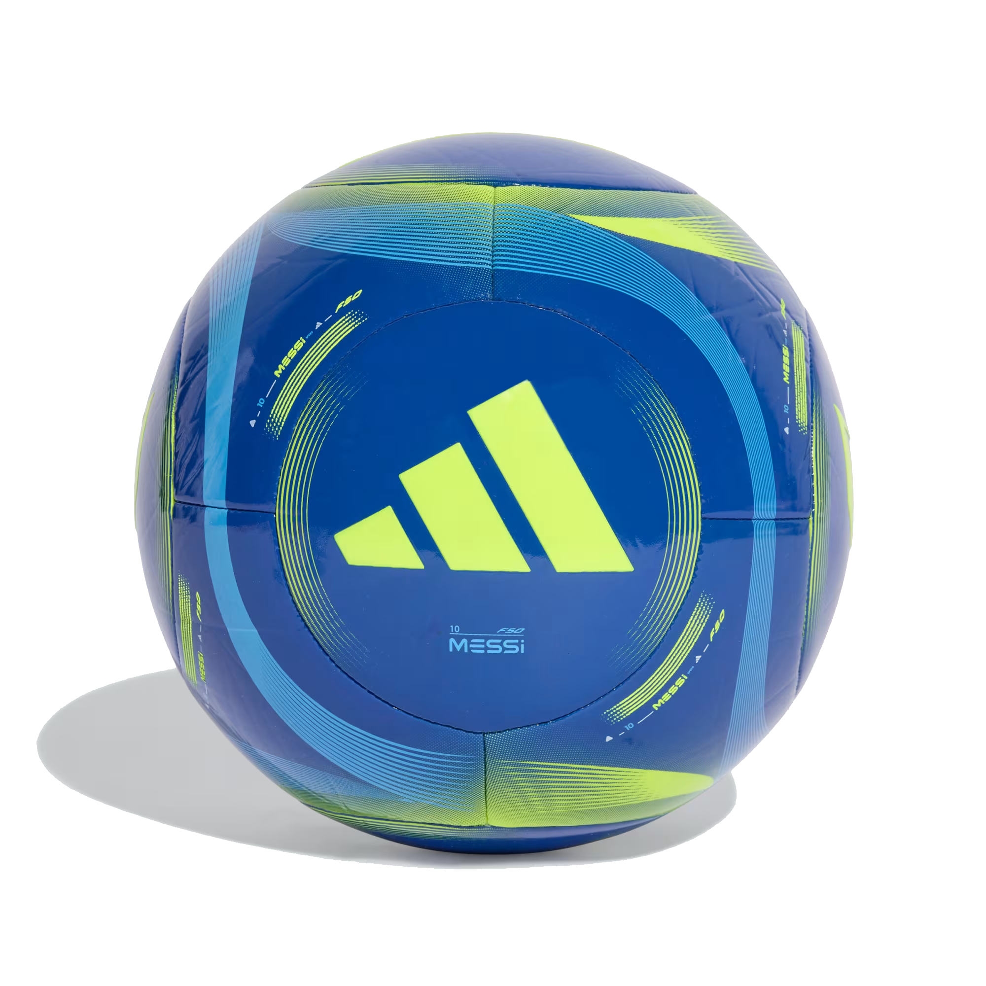 Blue and lime green Adidas F50 Messi soccer ball with the brand's logo and curved graphic patterns.