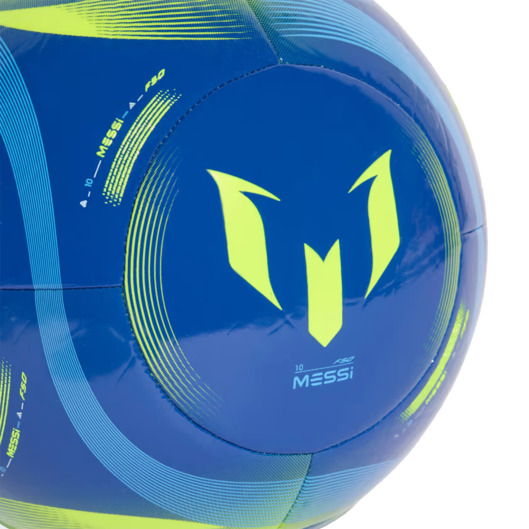 A blue soccer ball featuring a lime green Lionel Messi logo, the number 10, and Adidas F50 branding with sweeping yellow and cyan lines.