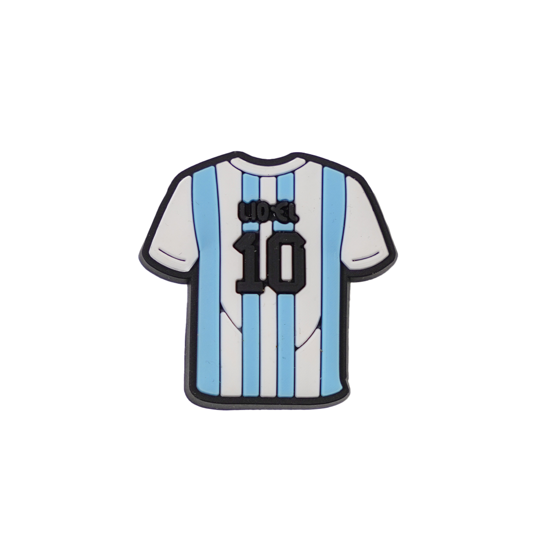 Soccer Croc Charm featuring a white and light blue striped jersey with the number 10 and the name "LIONEL" on the back.