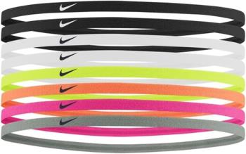 Nine Nike thin elastic headbands in assorted colors including black, white, neon yellow, orange, pink, and grey, each featuring the signature swoosh logo.
