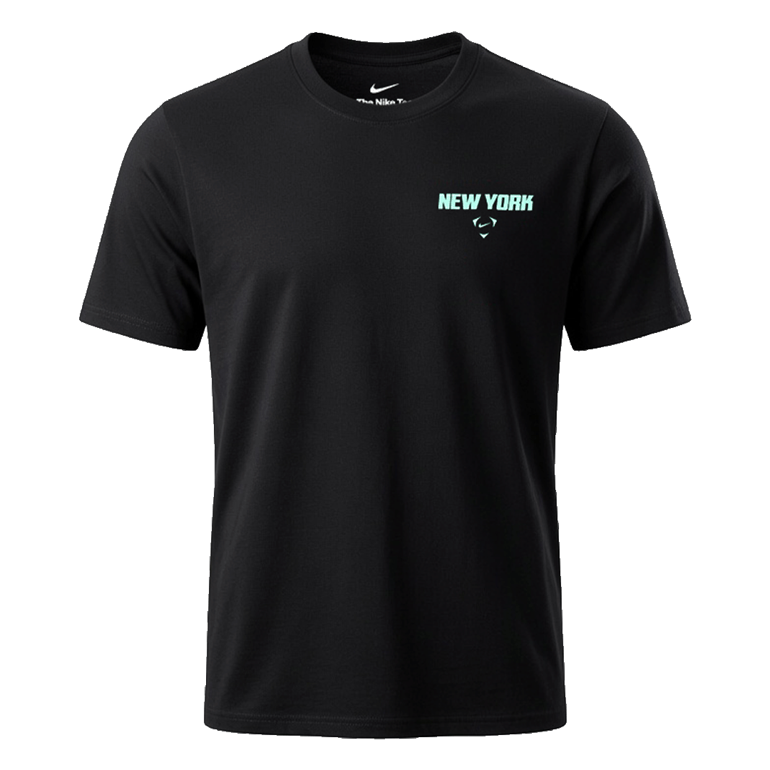 Black Nike short-sleeve t-shirt with light teal "NEW YORK" text and a small logo on the chest.