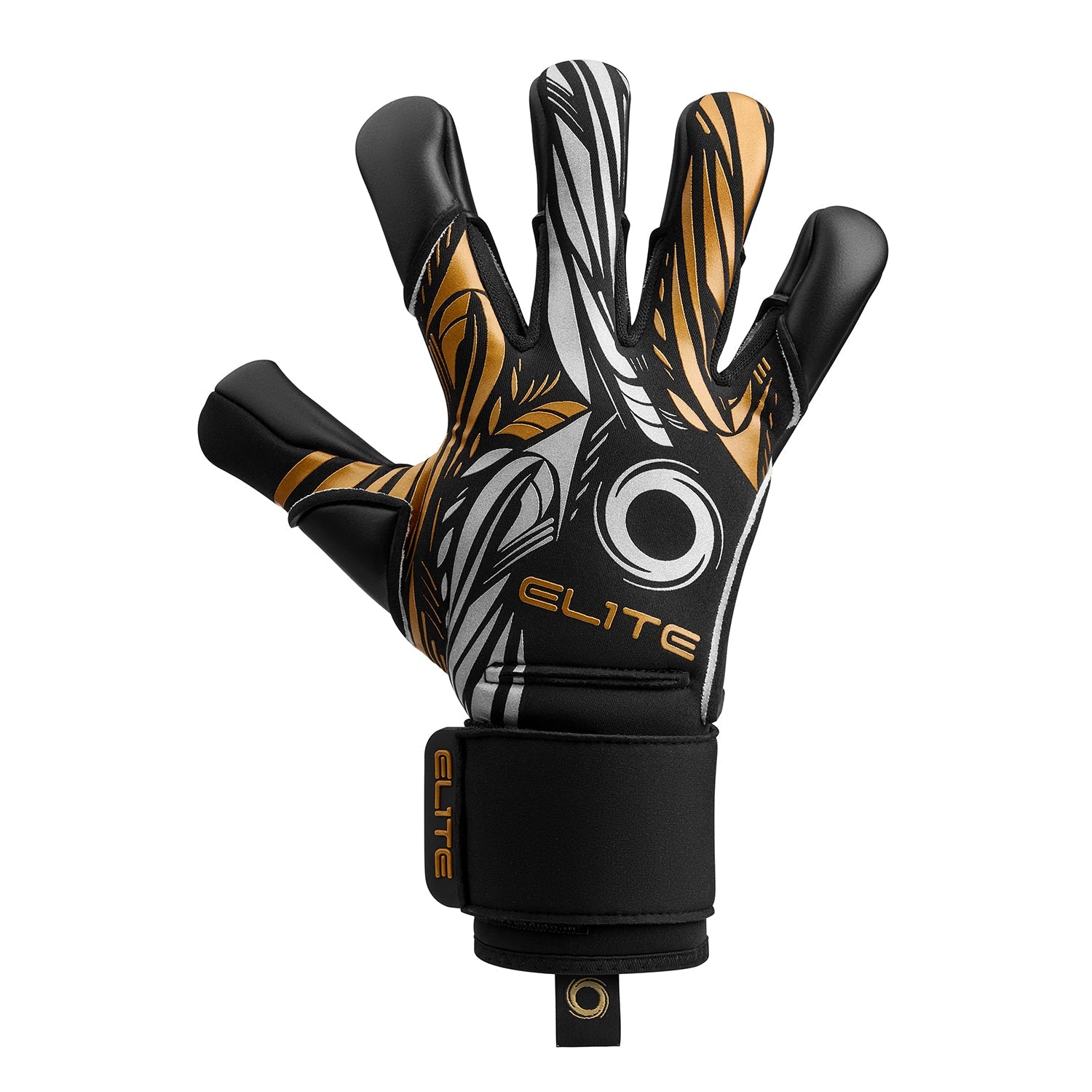 Black soccer goalkeeper glove with metallic gold and silver swirled designs and ELITE branding on the backhand and wrist strap.