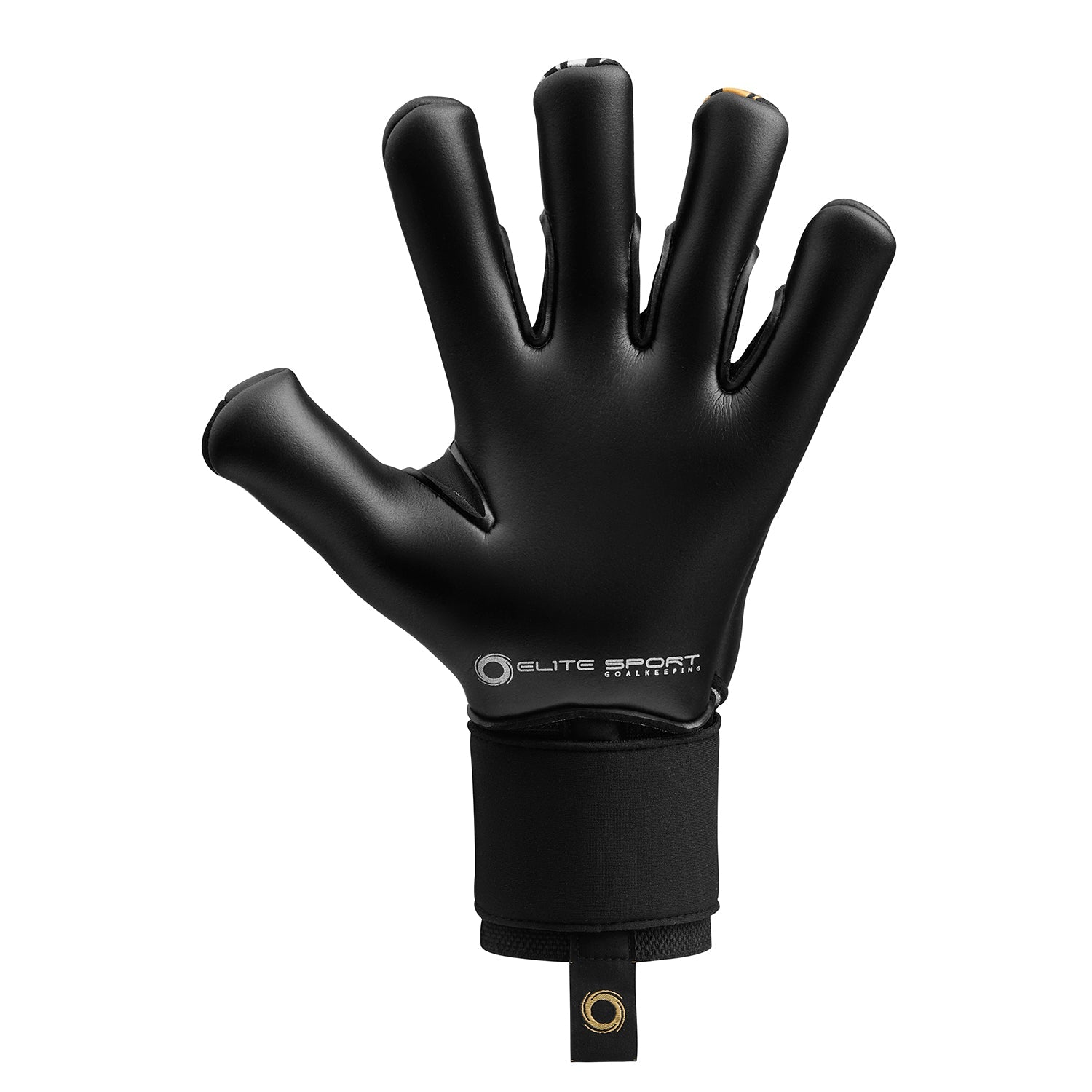 Front view of a black Elite Sport goalkeeper glove featuring a wide wrist strap, shown against a white background.