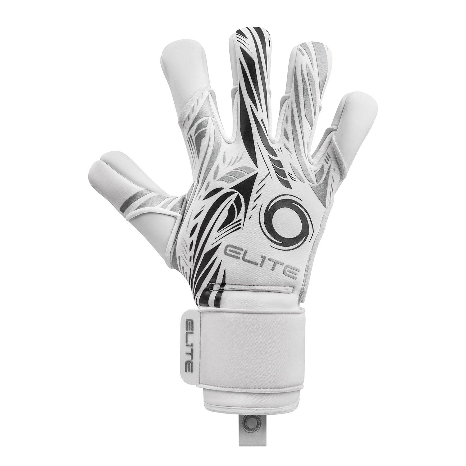 White Elite brand goalkeeper glove with black and grey stylized graphics on the backhand, shown with fingers spread against a white background.