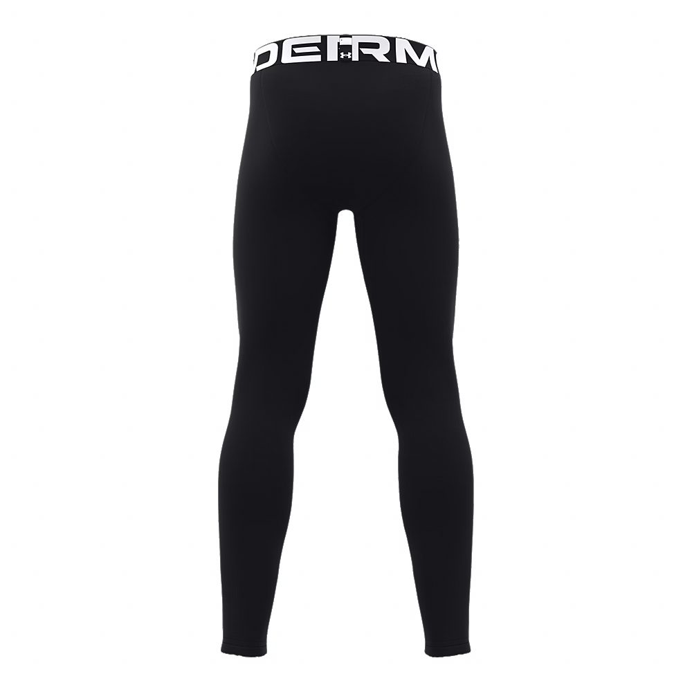 Rear view of black full-length compression leggings with a wide white waistband featuring black Under Armour branding.