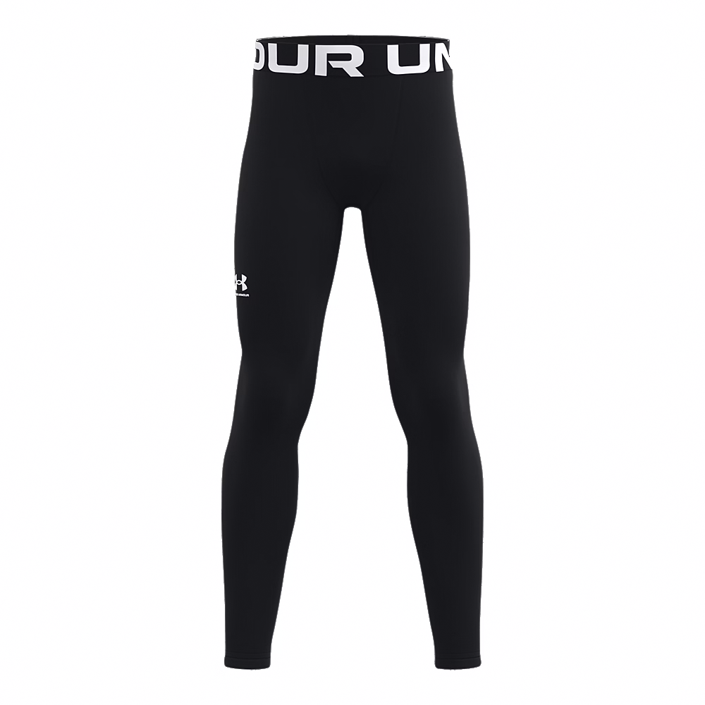 A pair of black Under Armour compression leggings with a white branded waistband and side logo, front view.