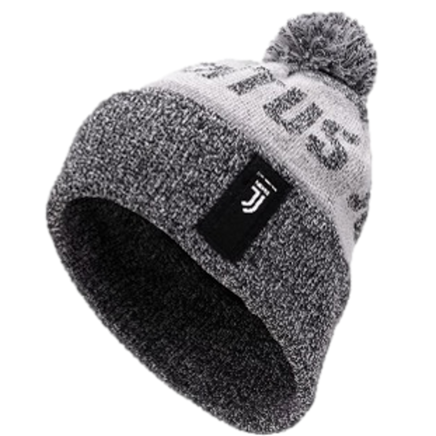 A grey and white knitted pom-pom beanie featuring a black patch with a white Juventus logo and the team name around the crown.