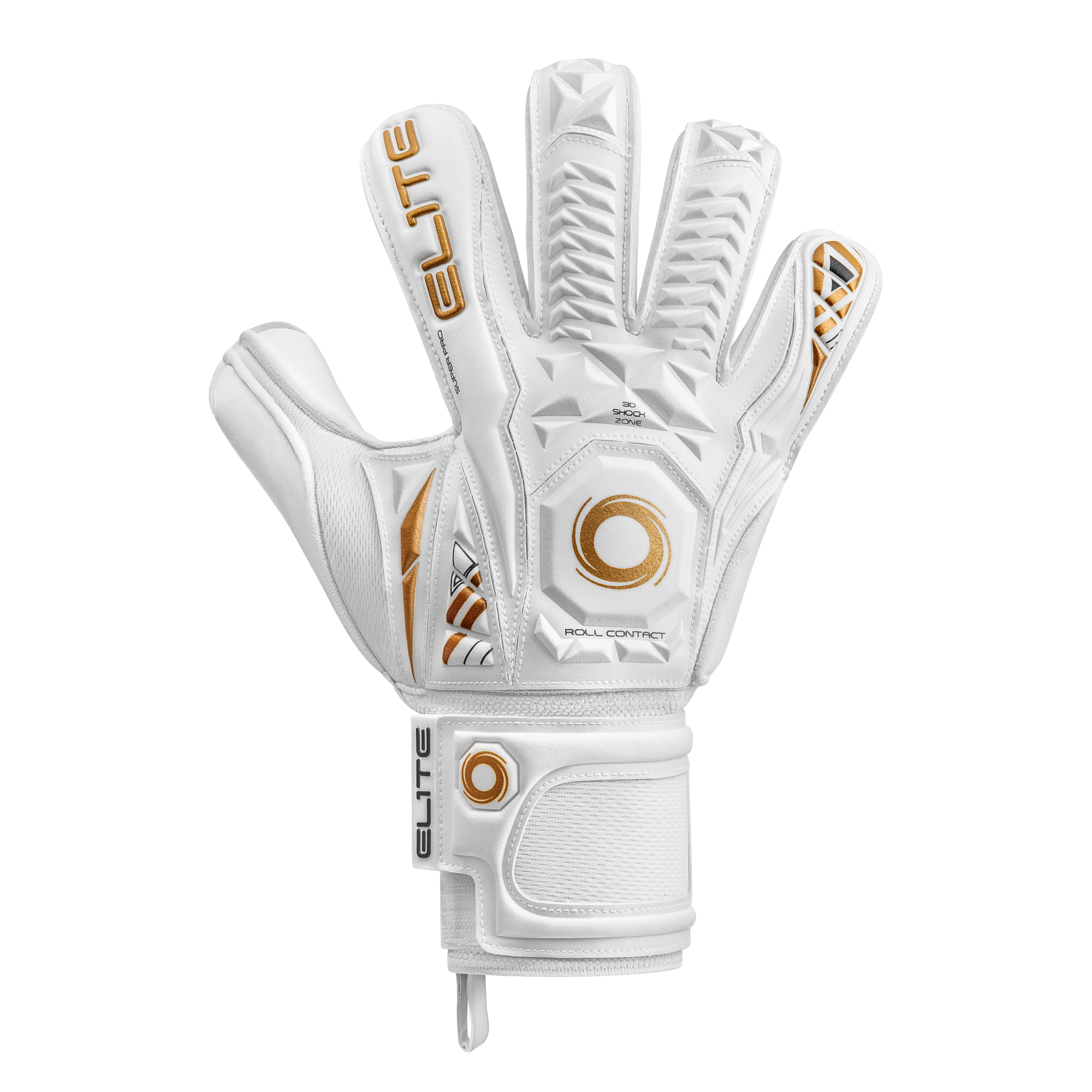 Backhand view of a white Elite Super Pro goalkeeper glove with gold accents and textured grip zones, set against a white background.