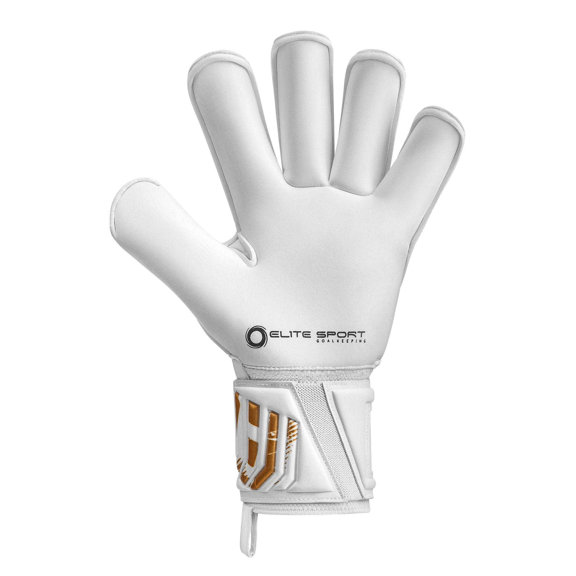 White Elite Sport goalkeeper glove shown from the palm view, featuring metallic gold geometric accents on the wrist strap.