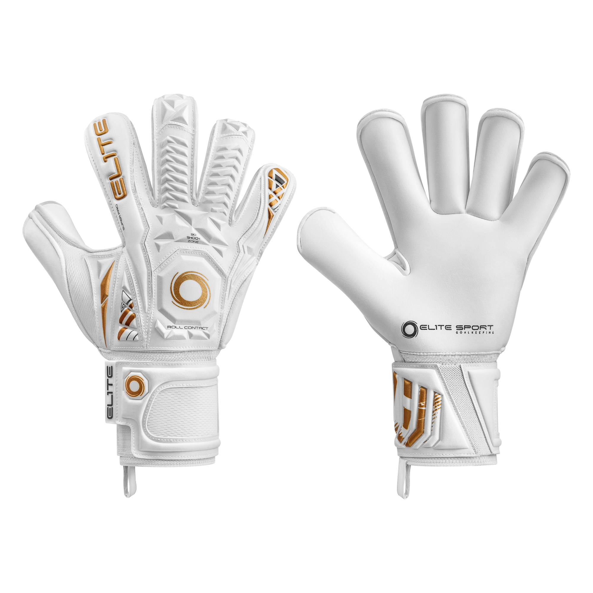 Front and back views of white Elite Sport goalkeeper gloves with gold accents. The backhand has a 3D textured design, and the palm is smooth white latex.
