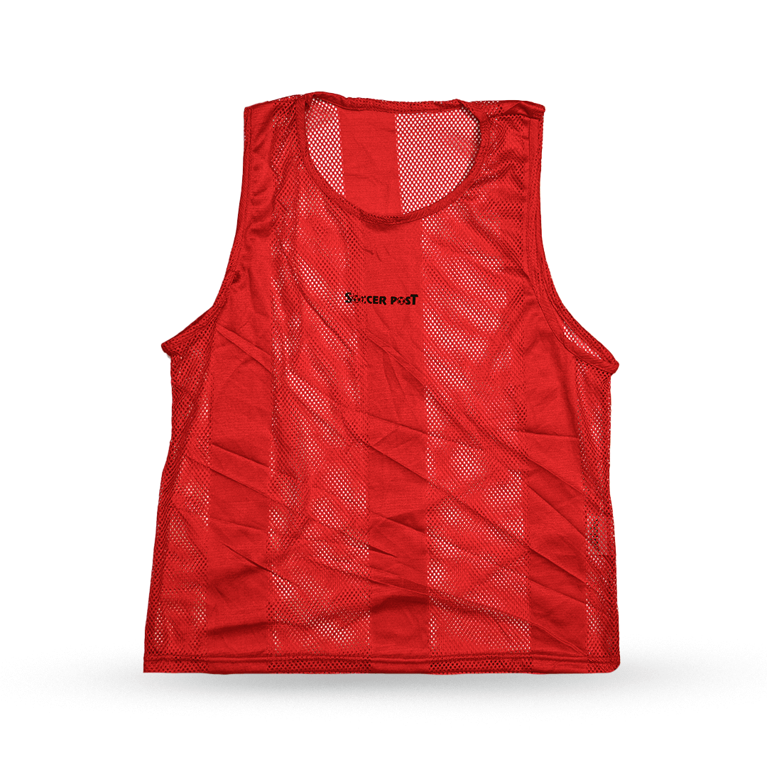 A single Soccer Post Scrimmage Vest from a pack of 12, featuring a bright red mesh fabric, a sleeveless design, and a horizontal black "SOCCER POST" logo printed on the chest.