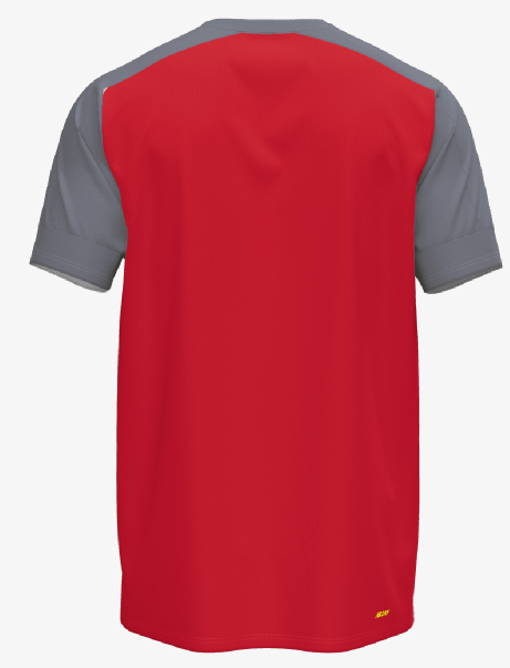 Back view of a red athletic t-shirt featuring grey sleeves and shoulder panels. A small yellow logo is located on the bottom right hem.