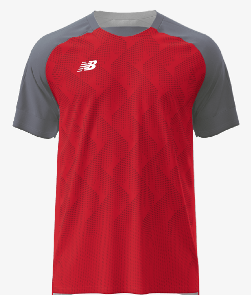 Red New Balance athletic jersey with a subtle diagonal dot pattern and grey raglan sleeves.