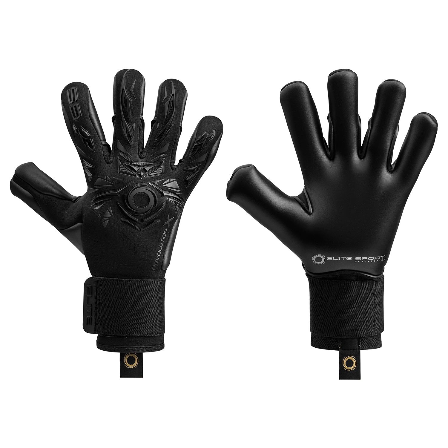 Front and back views of black Elite Sport goalkeeper gloves with a 3D textured backhand design, smooth latex palms, and thick wrist straps.