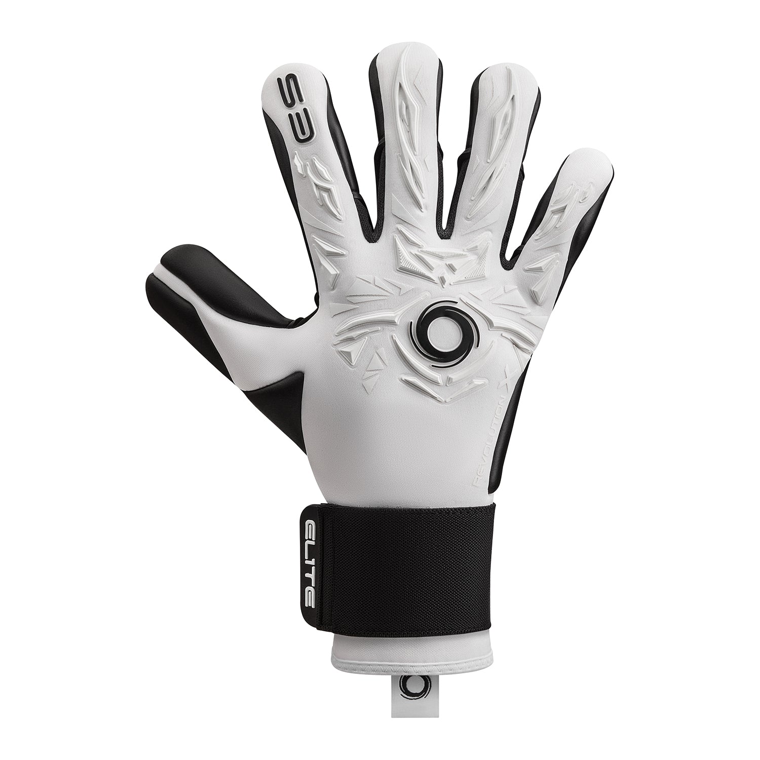 White and black Elite Sport soccer goalkeeper glove with a textured backhand and branded wrist strap.