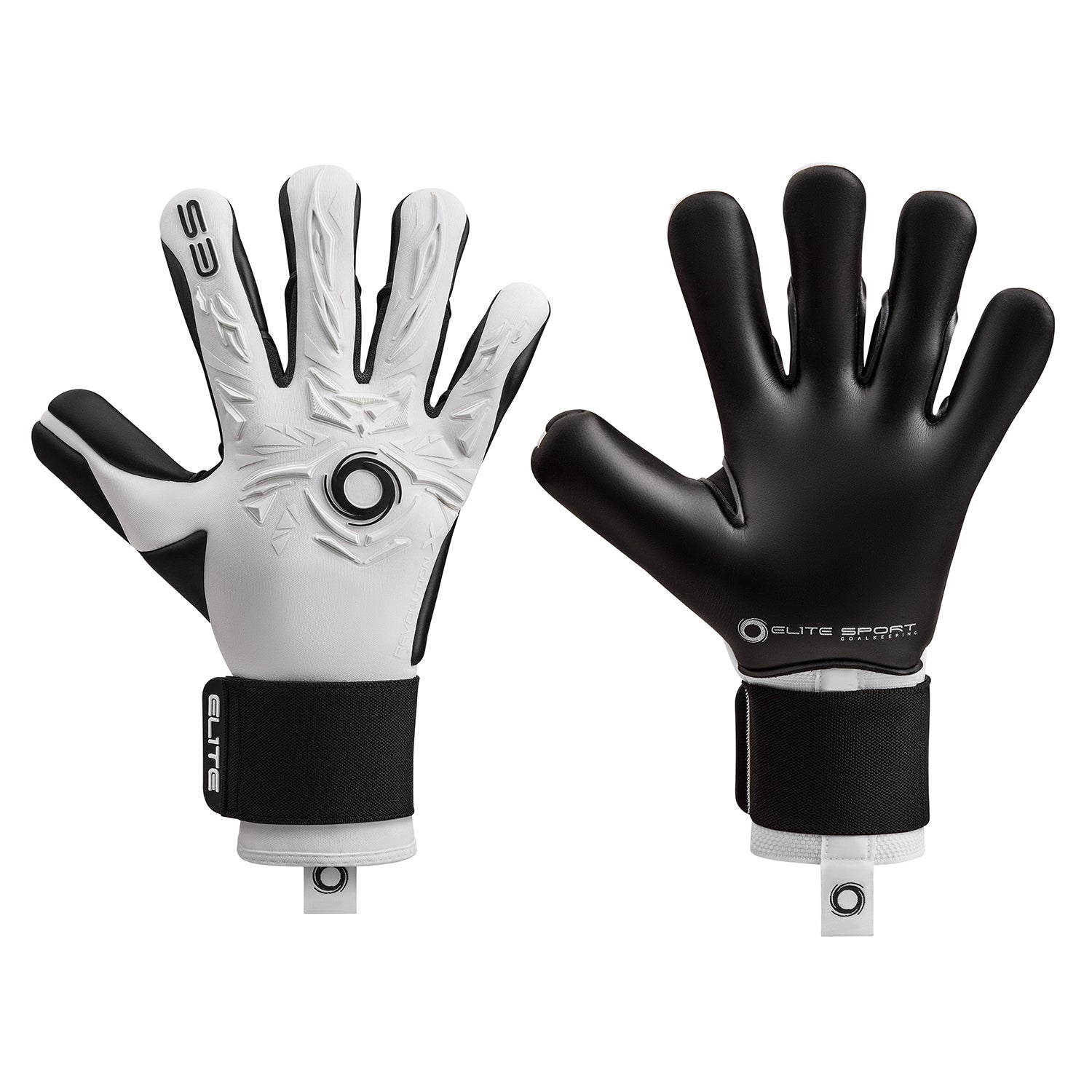 Front and back view of Elite Sport goalkeeper gloves. One features a white textured backhand and the other a solid black palm, both with thick black wrist straps.