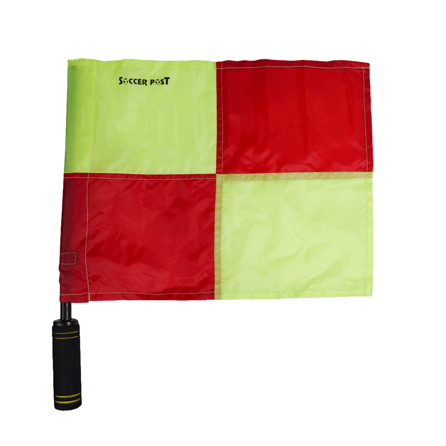 A Soccer Post Referee Flag Set featuring a red and yellow checkered flag attached to a black handle with a foam grip.