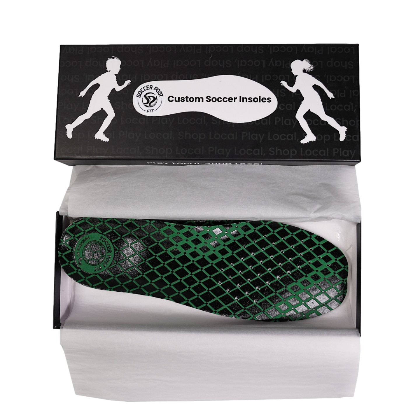 Soccer Post Fit Insoles - High Arch are displayed inside an open black box with white tissue paper. The insole features a black and green diamond grid pattern with a circular logo at the heel. The box lid above shows white silhouettes of children and the