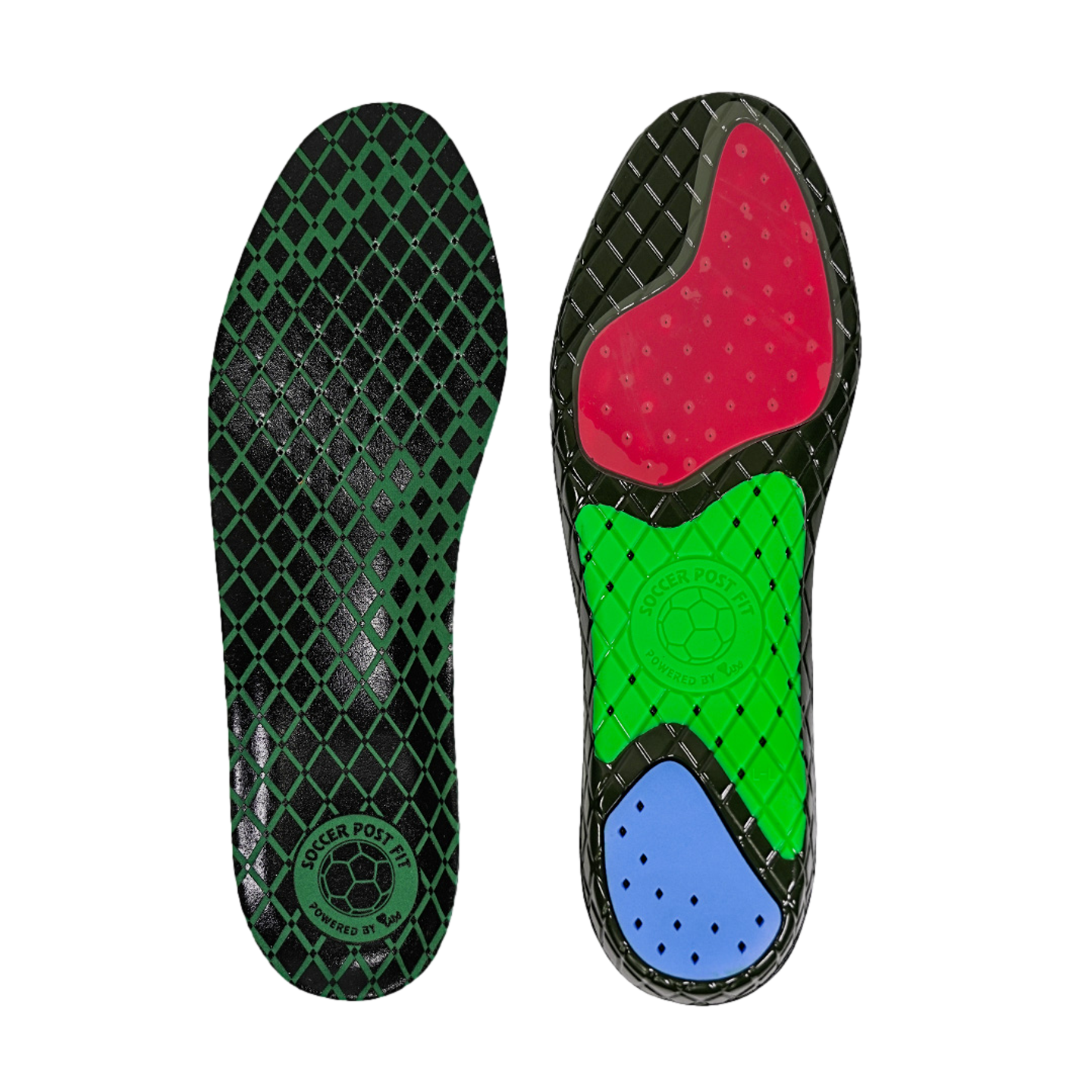 Top and bottom views of the Soccer Post Fit Insoles - High Arch. The top features a green and black diamond-grid pattern, while the bottom highlights red, green, and blue cushioning zones for the forefoot, arch, and heel.