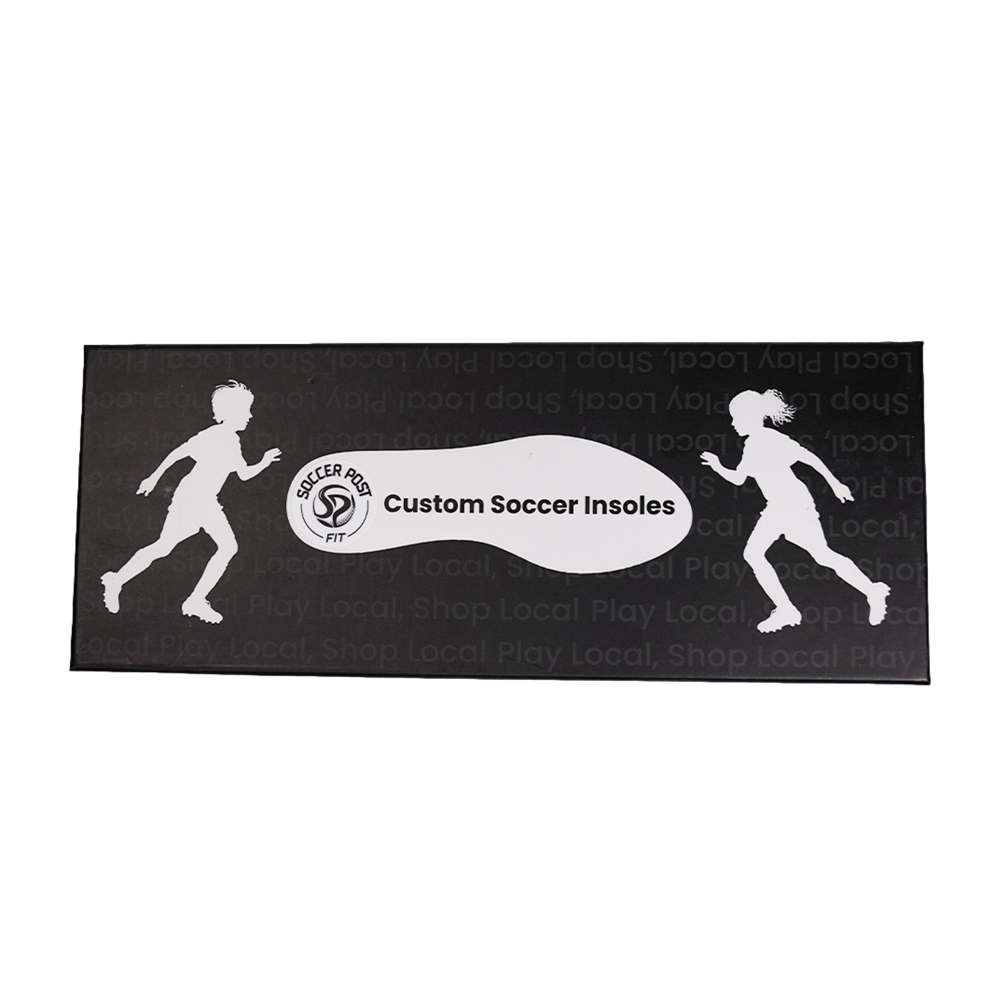 The packaging for Soccer Post Fit Insoles - High Arch, featuring a black box with white silhouettes of a boy and girl running flanking a central white insole graphic labeled "Custom Soccer Insoles."