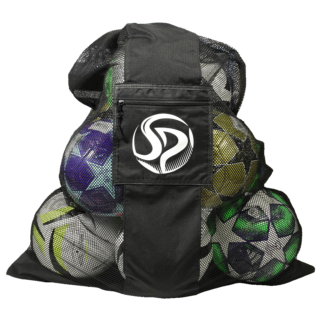 A black mesh bag filled with colorful soccer balls. A central solid panel features a zippered pocket with a white circular logo.