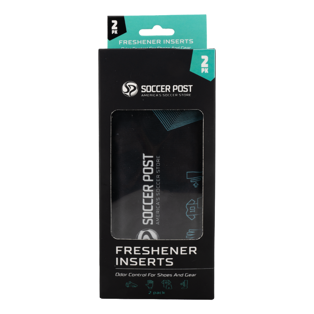 A retail package of Soccer Post Freshener Inserts. The vertical black box features a teal header with "2 PK" and a clear window showing a black fabric insert inside. The Soccer Post logo and tagline, "America's Soccer Store," are printed in white. Text at