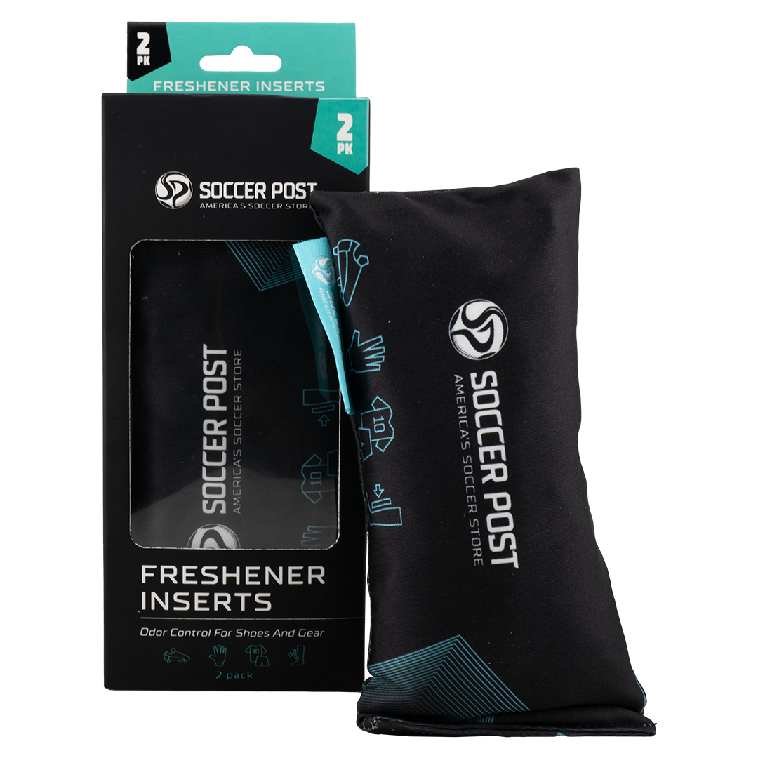 A black and teal retail package and a fabric pouch of Soccer Post Freshener Inserts, used for odor control in shoes and sports gear.