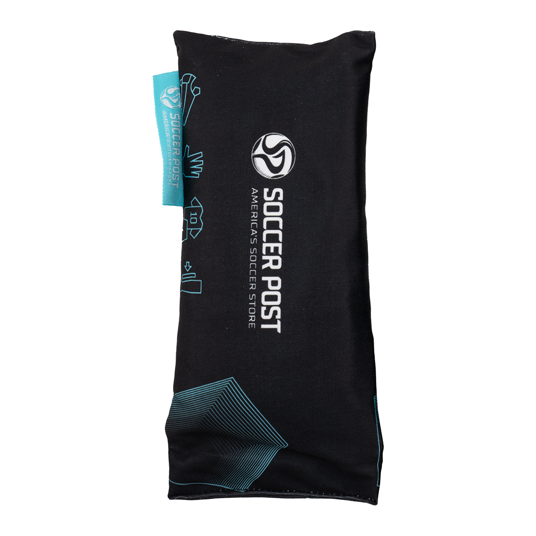 A pair of Soccer Post Freshener Inserts featuring a black fabric pouch printed with a white "Soccer Post" logo and light blue icons of soccer gear. A matching light blue brand tag is attached to the side.