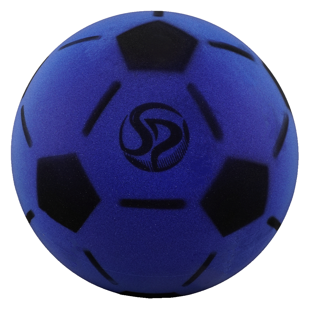 A royal blue foam soccer ball featuring black pentagonal patterns and a circular "SD" logo in the center.