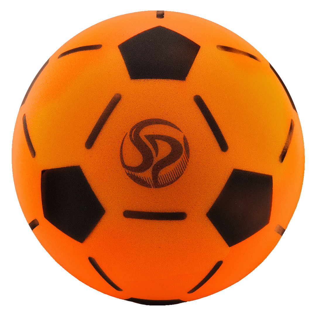 An orange foam soccer ball with black pentagonal markings and a circular logo, isolated on a white background.